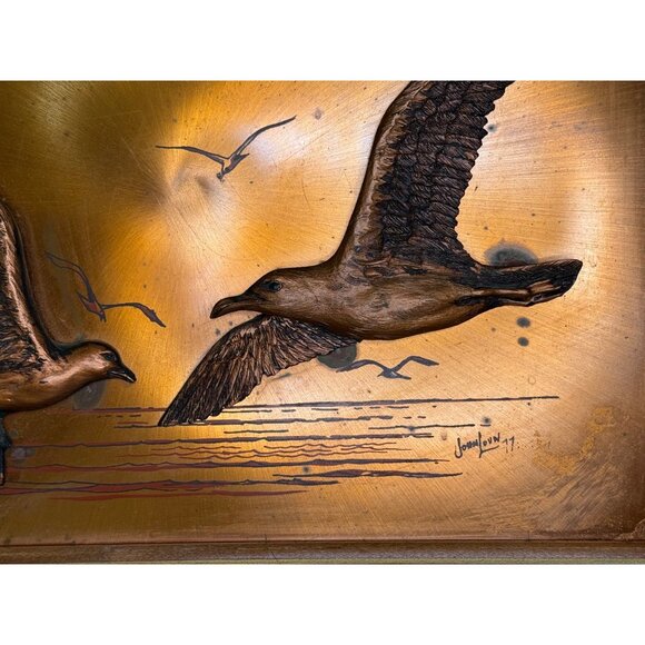 Retro John Louw 3D Copper Bronze Gold Flying Seagulls Sea Side Wall Art Framed - Picture 5 of 10